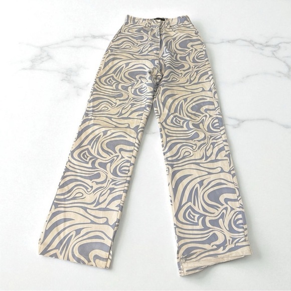 Island Waves Denim - Abstract Swirl Pattern Jeans Y2K Hippie Boho Wide Leg High Waist Pants Size S​​​